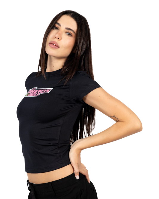 Anetos black ruched side t-shirt with pink and white graphic logo on chest. Short sleeves, crew neck.