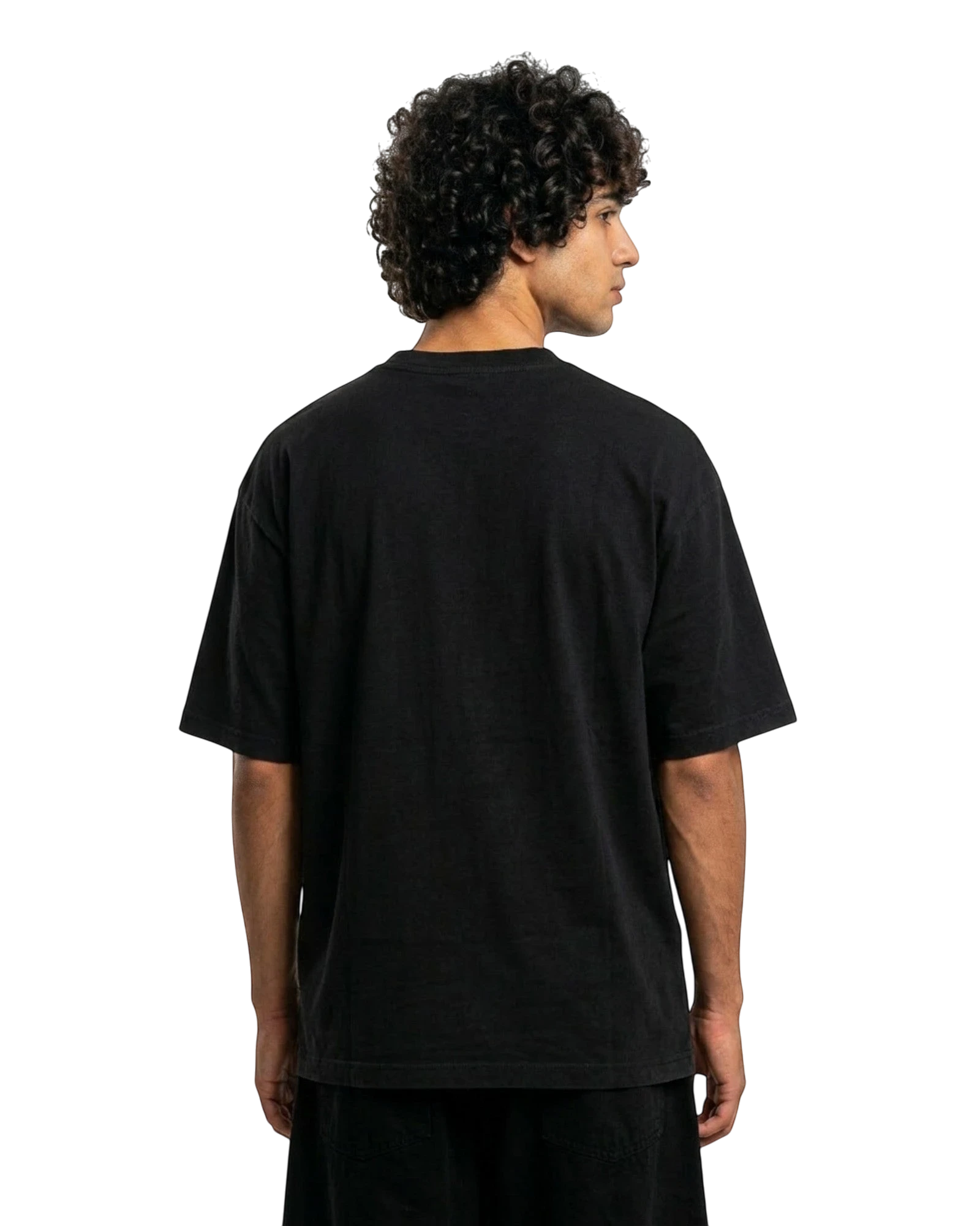 Anetos black cotton summer club tee with a relaxed fit, short sleeves, and crew neck. Model's back view.