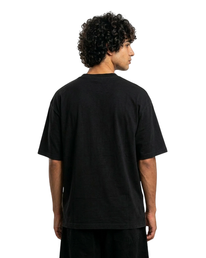 Anetos black cotton summer club tee with a relaxed fit, short sleeves, and crew neck. Model's back view.