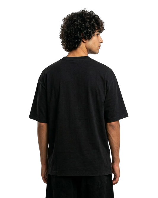 Anetos black cotton summer club tee with a relaxed fit, short sleeves, and crew neck. Model's back view.