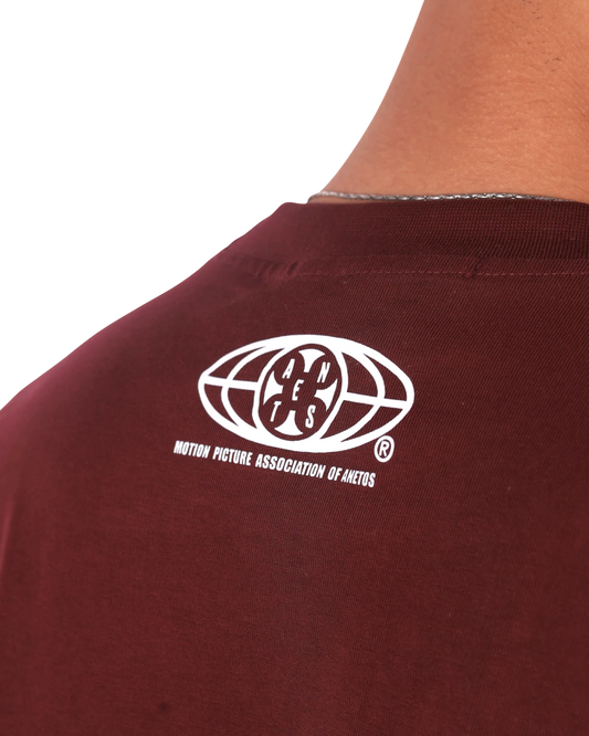 Anetos burgundy cotton t-shirt with a white graphic logo and text on the back.