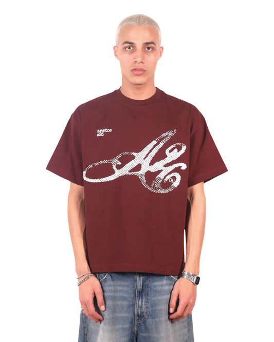 Anetos burgundy cotton t-shirt with a white graphic print and short sleeves.