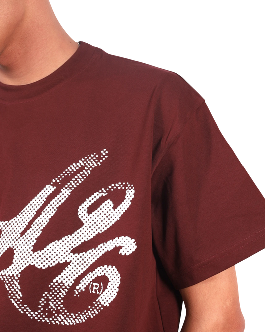 Anetos burgundy cotton t-shirt with a white dotted graphic logo on the chest.