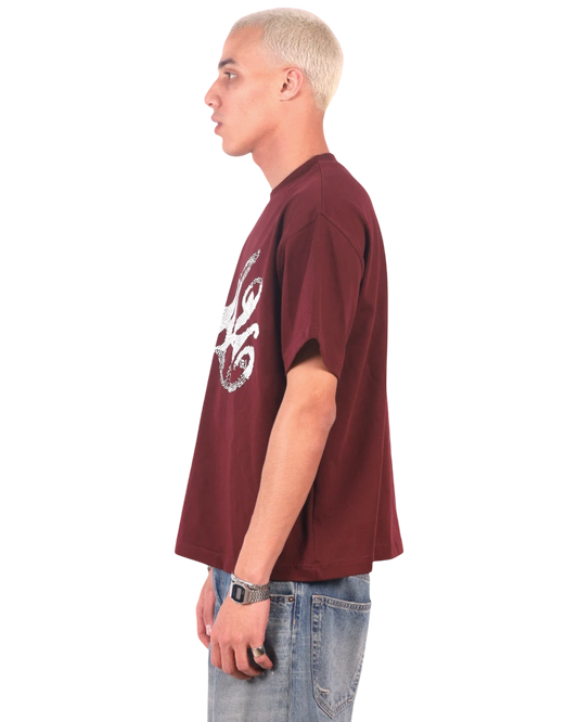 Anetos S26 burgundy cotton t-shirt with a white graphic print on the chest.