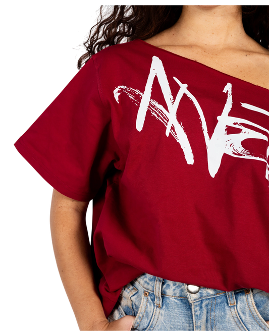 Anetos burgundy 100% Egyptian cotton off-shoulder dress with white signature logo print. Oversized fit.