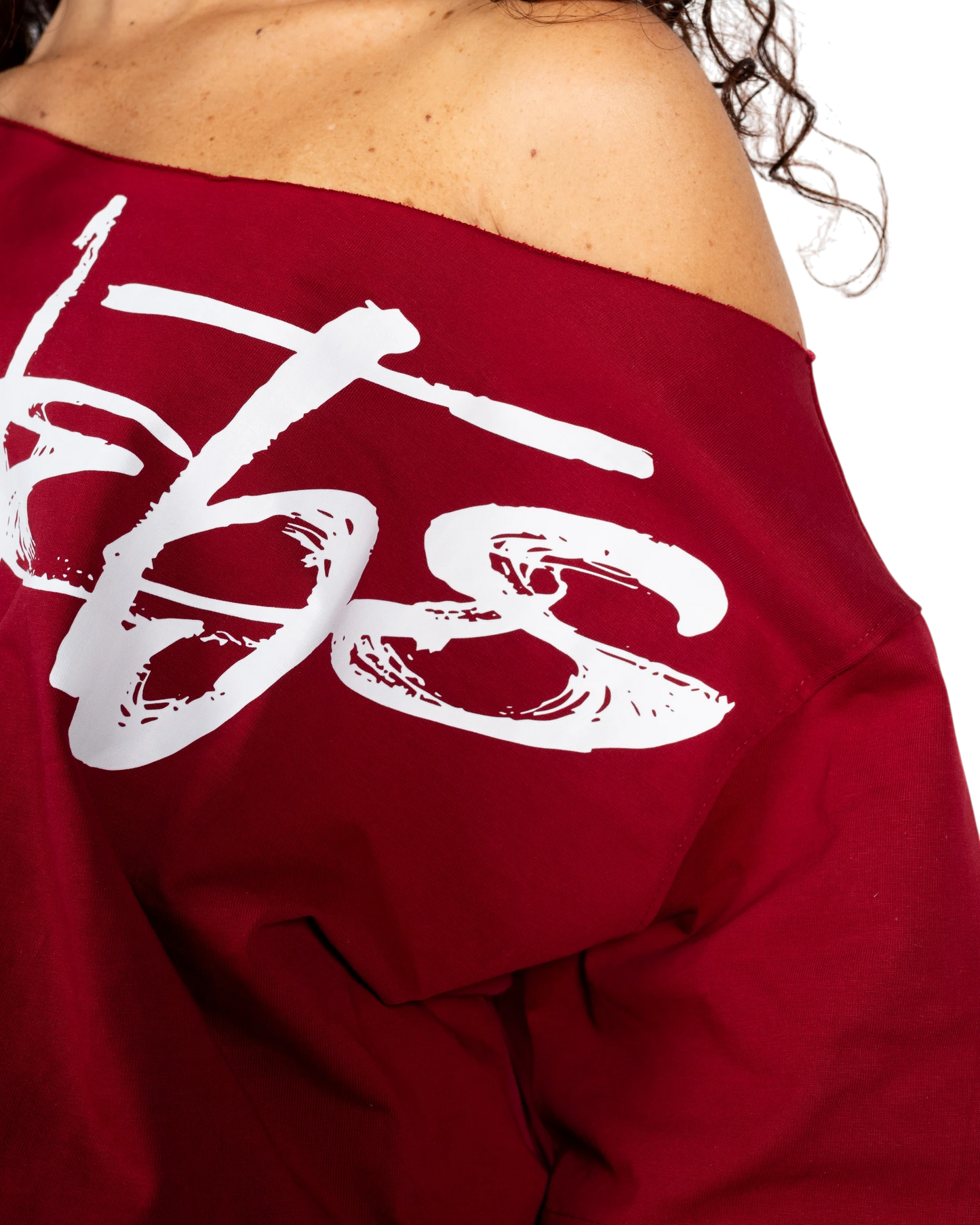 Anetos burgundy 100% Egyptian cotton off-shoulder dress with white signature graphic print.