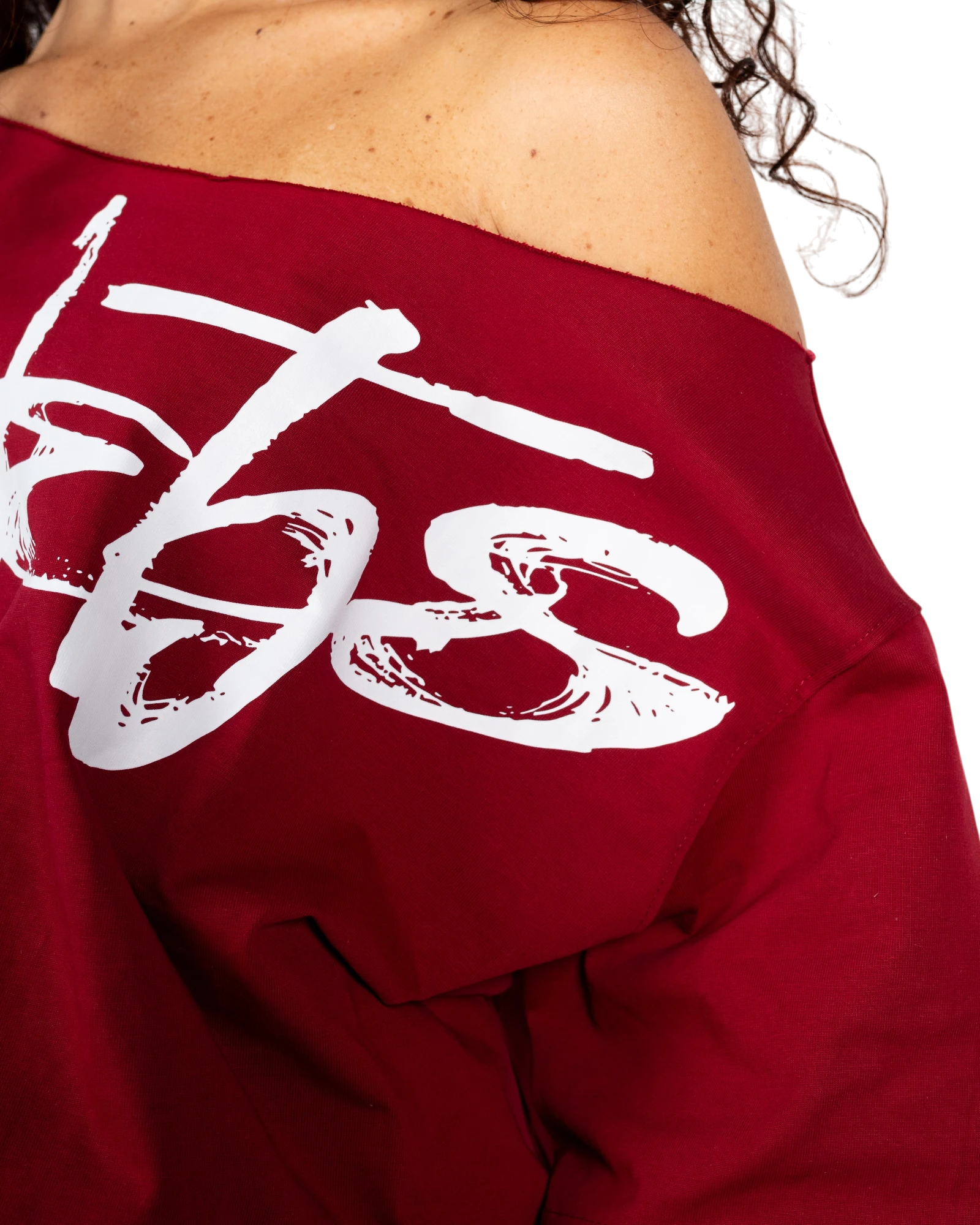 Anetos burgundy 100% Egyptian cotton off-shoulder dress with white signature graphic print.