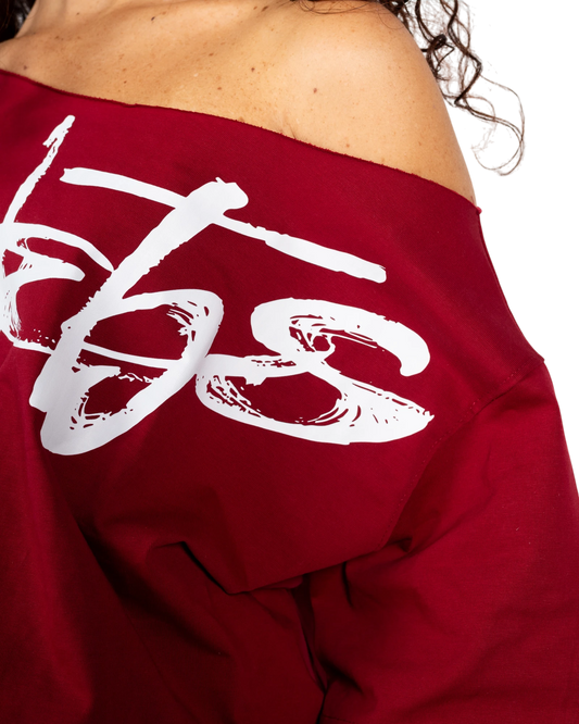 Anetos burgundy 100% Egyptian cotton off-shoulder dress with white signature graphic print.