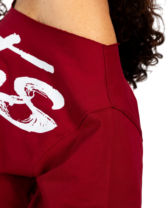 Anetos burgundy 100% Egyptian cotton off-shoulder dress with white signature graphic print.