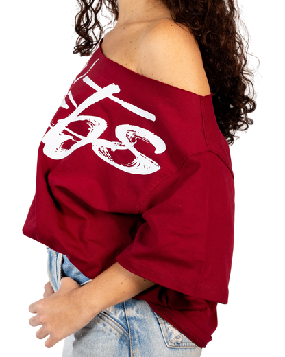 Anetos burgundy 100% Egyptian cotton off-shoulder top with white graphic print and oversized fit.