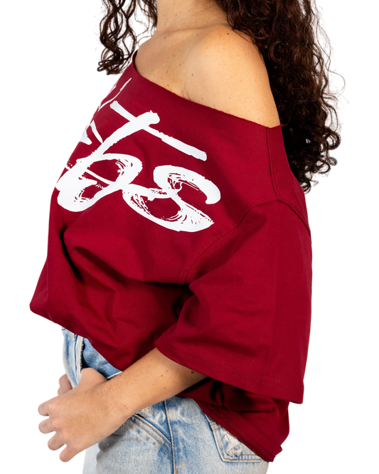 Anetos burgundy 100% Egyptian cotton off-shoulder top with white graphic print and oversized fit.