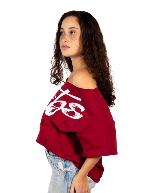 Anetos burgundy 100% Egyptian cotton off-shoulder top with oversized fit and white graphic print.