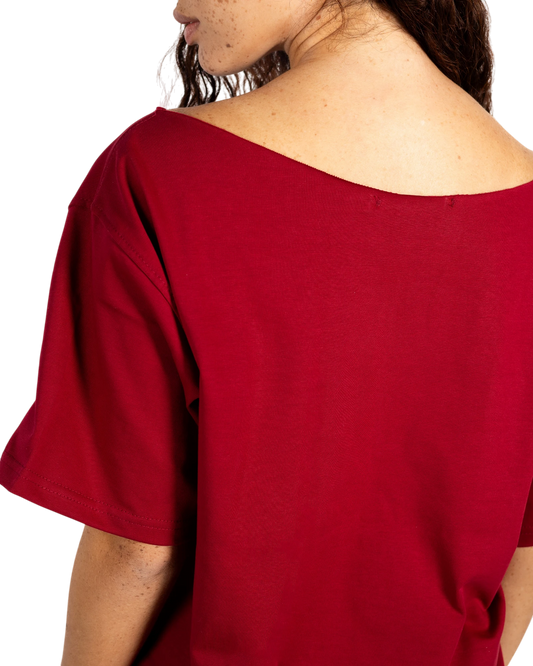 Anetos burgundy off-shoulder top with short sleeves, made from soft cotton.