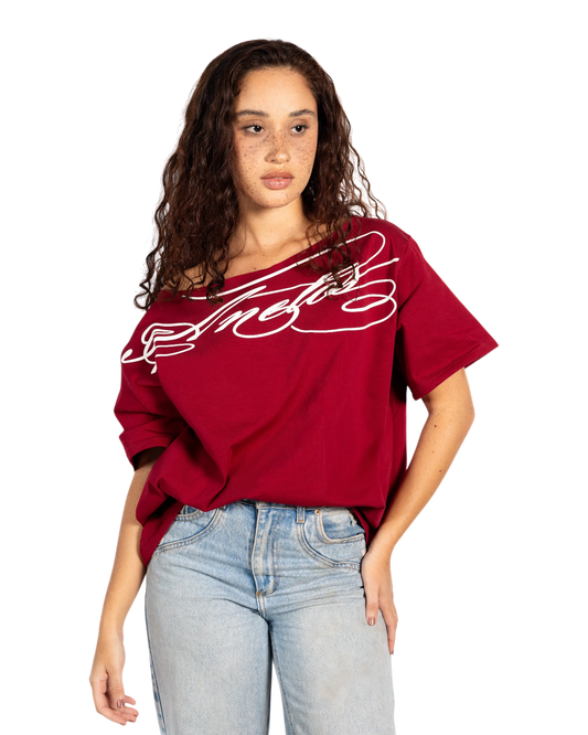 Anetos burgundy off-shoulder t-shirt with white signature graphic print. Cotton blend.