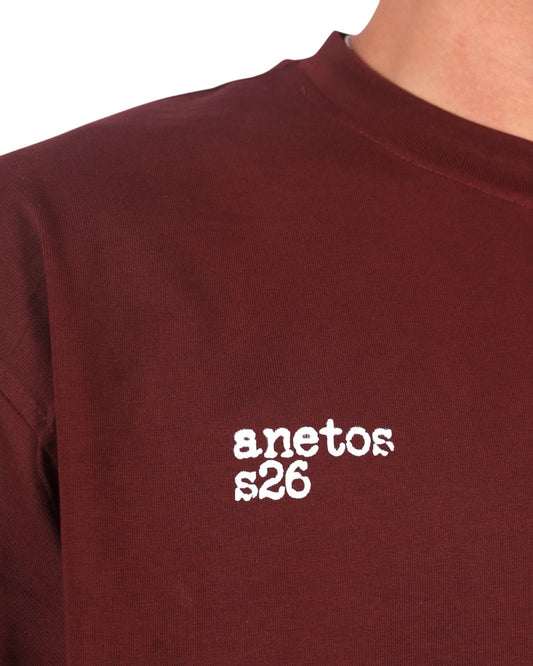 Anetos S26 burgundy cotton t-shirt with white embroidered logo and graphic detail.