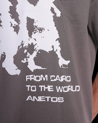 Anetos grey cotton t-shirt with white 'From Cairo To The World' graphic print and brand name.
