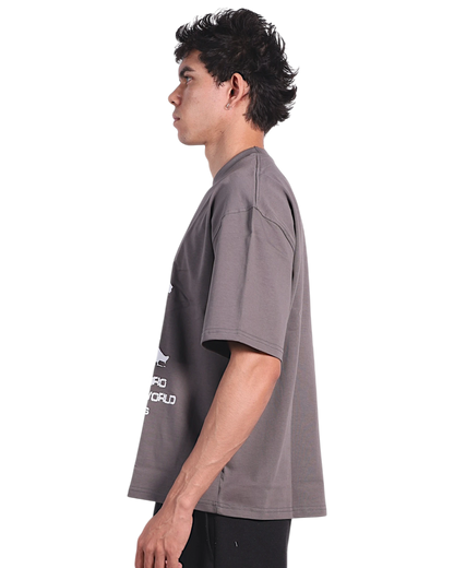 Anetos grey cotton t-shirt with 'From Cairo To The World' graphic print on chest, worn by a male model.