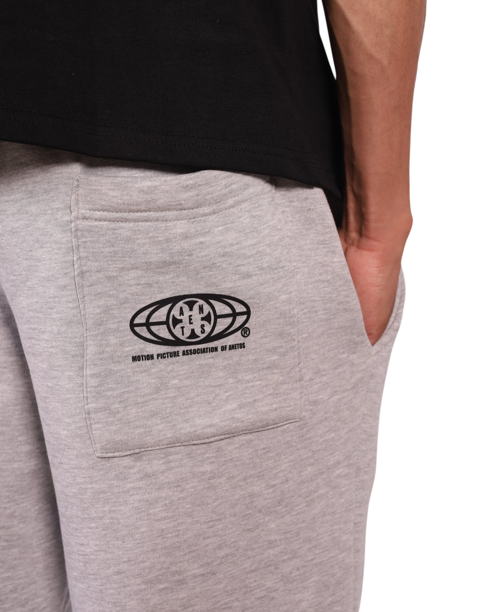 Anetos grey cotton blend sweatpants with a black logo graphic on the back pocket.