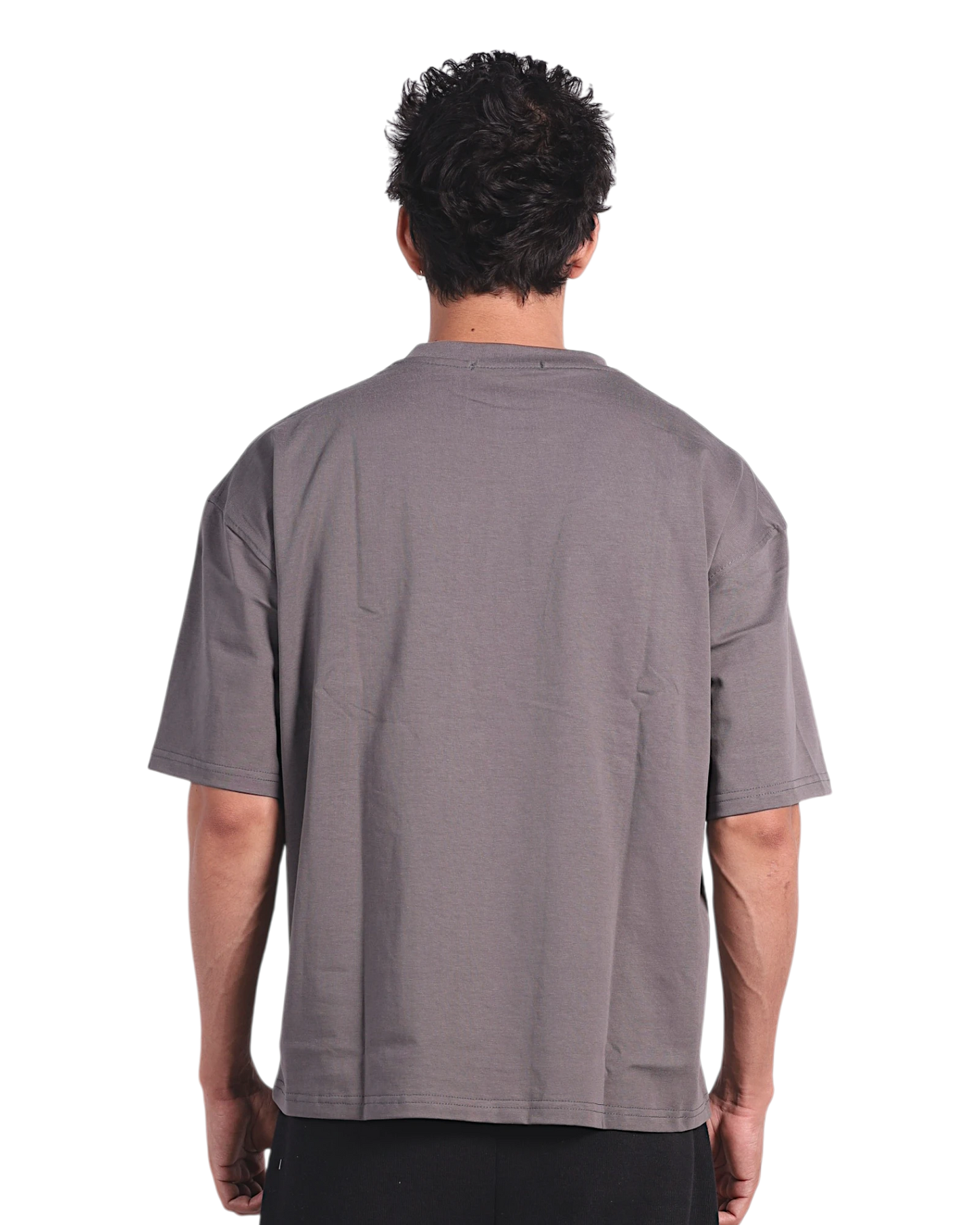 Anetos grey cotton t-shirt with short sleeves and black trousers, worn by a man from behind.