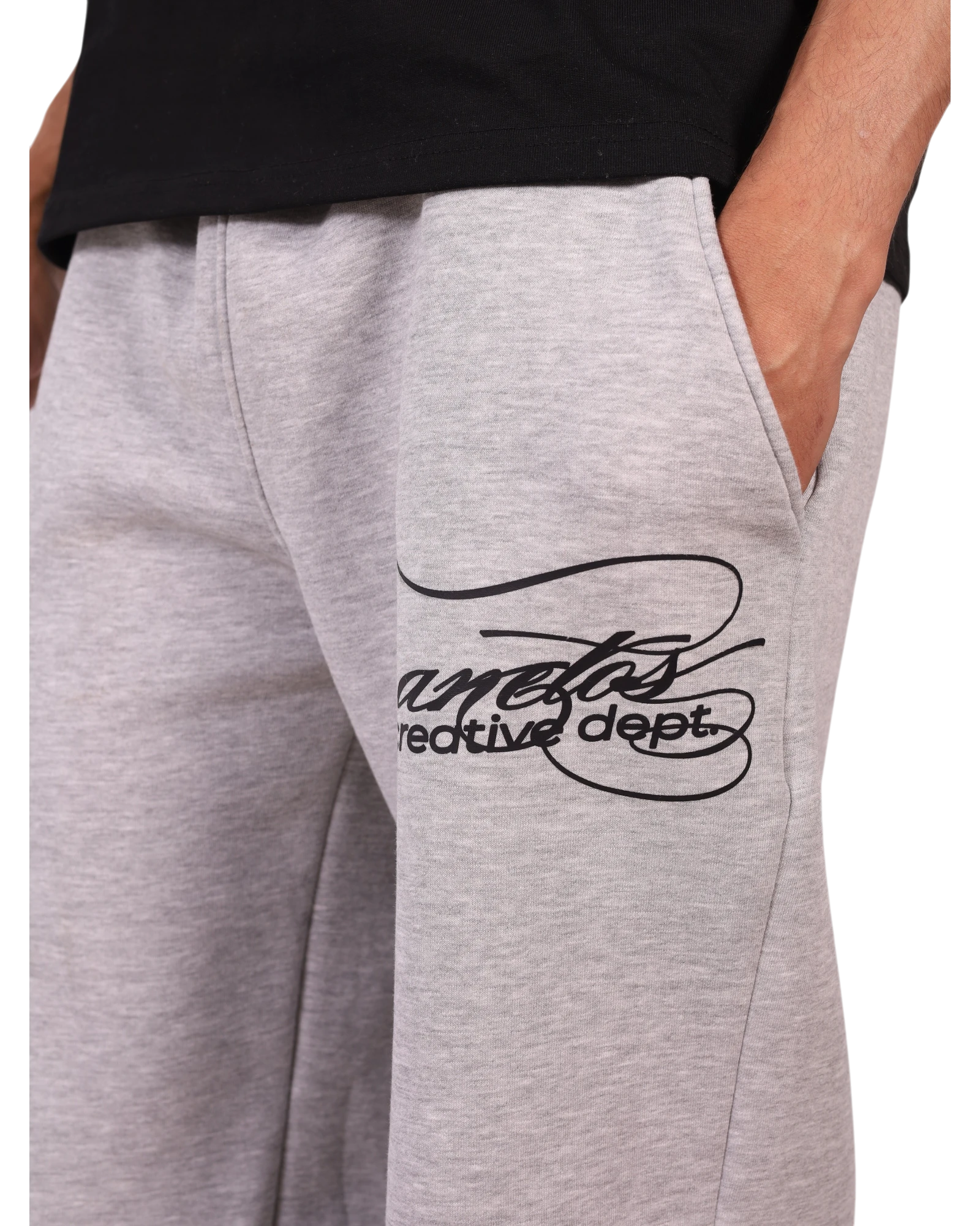 Anetos grey sweatpants with black 'Creative Dept.' logo print. Comfortable cotton blend, ideal for casual wear.