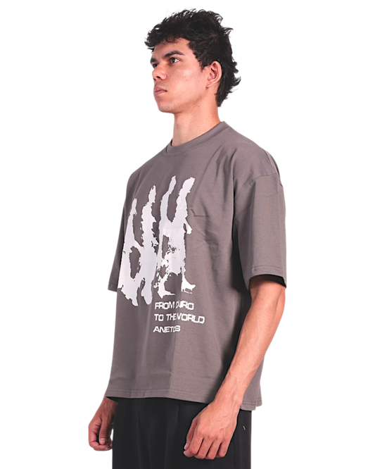 Anetos grey cotton t-shirt with white graphic print and text "FROM CAIRO TO THE WORLD ANETOS".