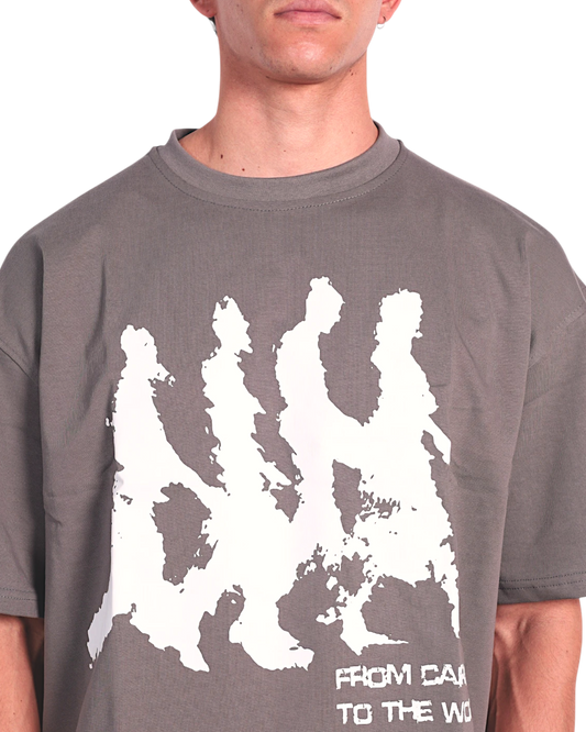 Anetos grey cotton t-shirt with white graphic print of walking figures and text "FROM CAIRO TO THE WORLD ANETOS"
