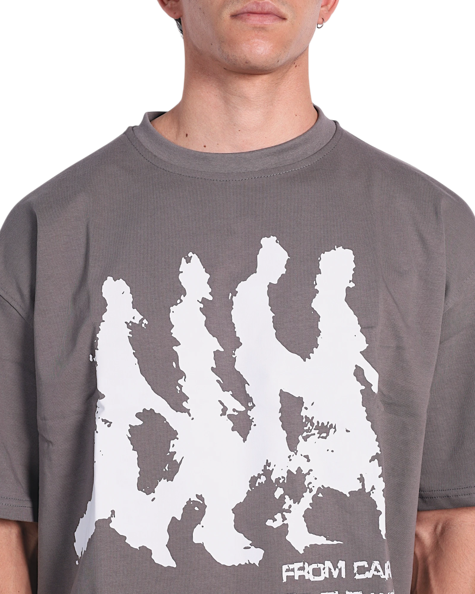 Anetos grey cotton t-shirt with white graphic print of walking figures and text "FROM CAIRO TO THE WORLD ANETOS".