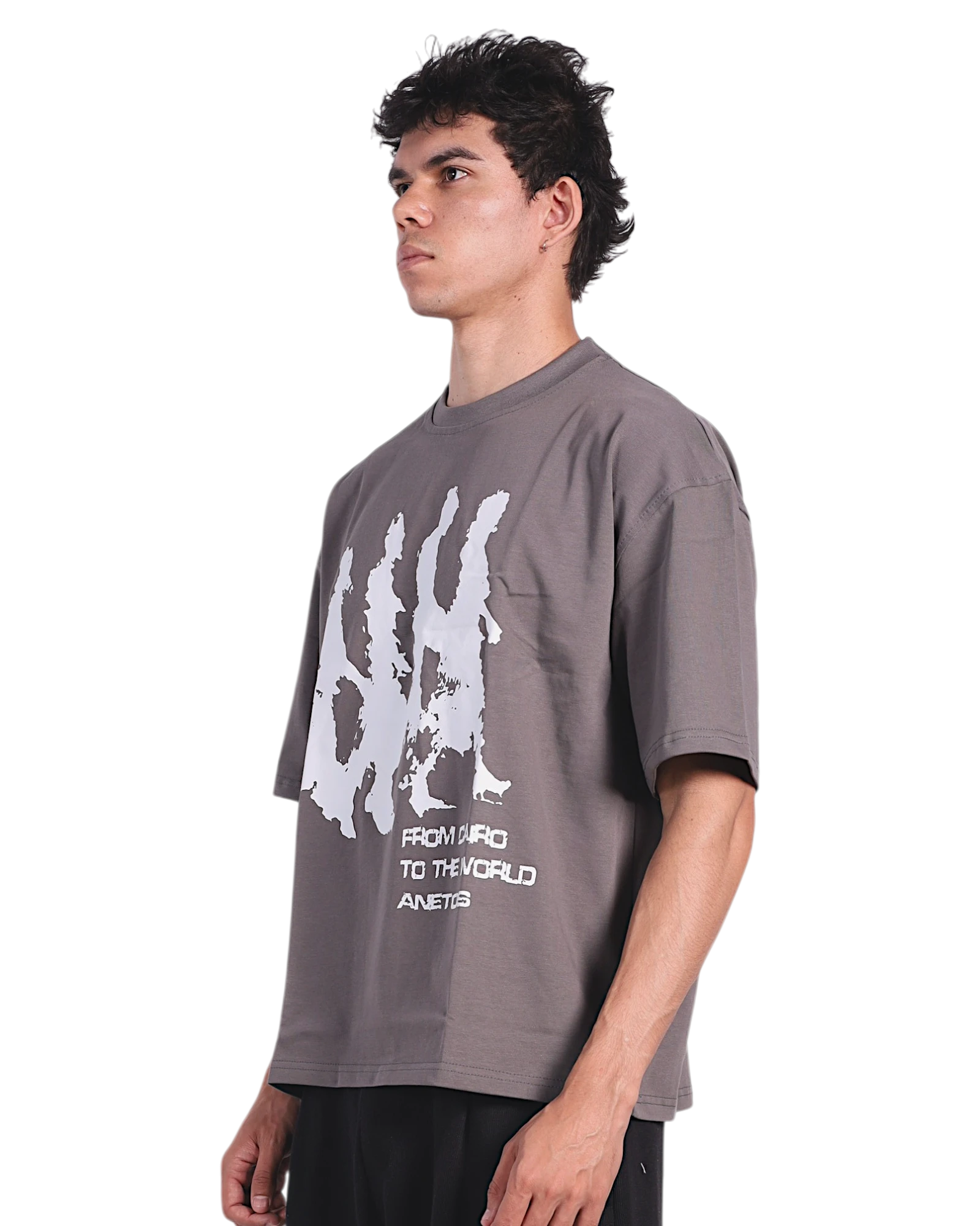 Anetos grey cotton t-shirt with 'From Cairo To The World' graphic print on chest, worn by a male model.