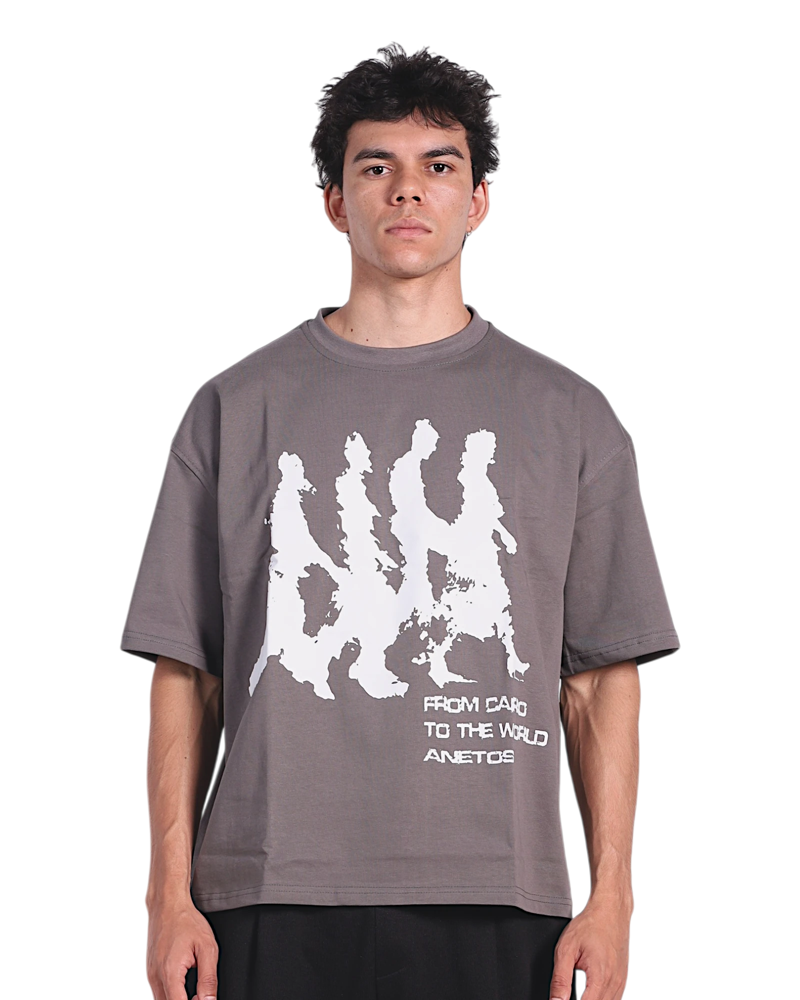Anetos grey cotton t-shirt with white graphic print of walking figures and text "FROM CAIRO TO THE WORLD ANETOS".