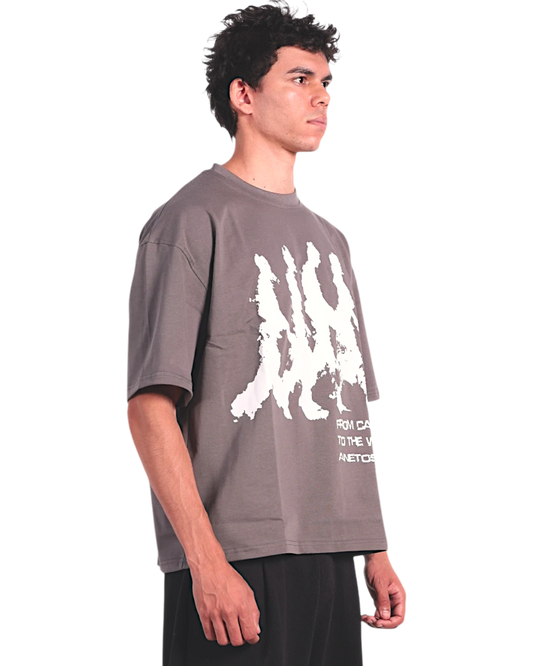 Anetos grey cotton t-shirt with white graphic print and text "FROM CAIRO TO THE WORLD".