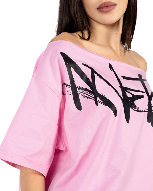 Anetos pink 100% Egyptian cotton off-shoulder top with black signature graphic print. Oversized fit.
