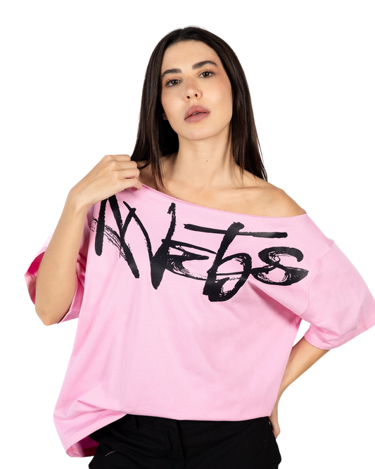 Anetos pink 100% Egyptian cotton off-shoulder top with black graffiti-style text graphic. Oversized fit.