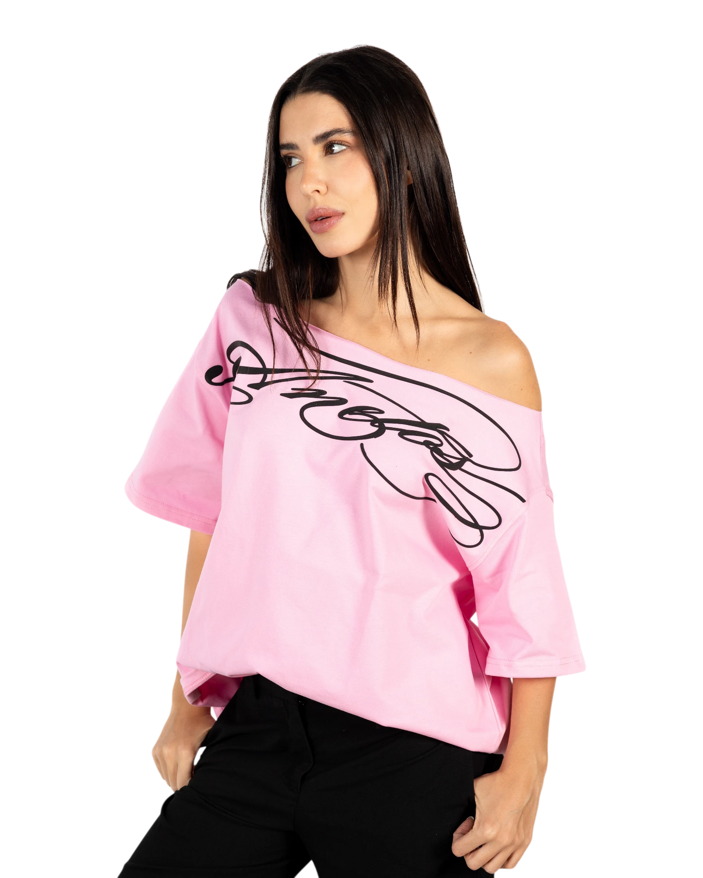 Anetos pink off-shoulder t-shirt with black graphic print. Made from comfortable, high-quality material.