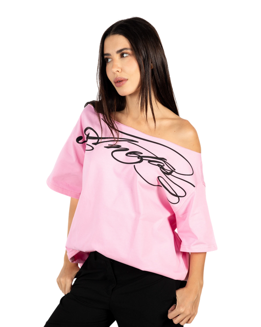 Anetos pink off-shoulder t-shirt with black graphic print. Made from comfortable, high-quality material.