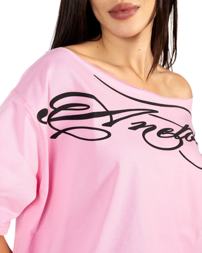Anetos pink off-shoulder top with black signature logo print. Comfortable and elegant, perfect for casual or special occasions.