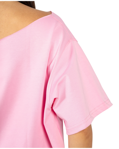 Anetos pink off-shoulder top made from comfortable, high-quality fabric. Features a flattering neckline and short sleeves.