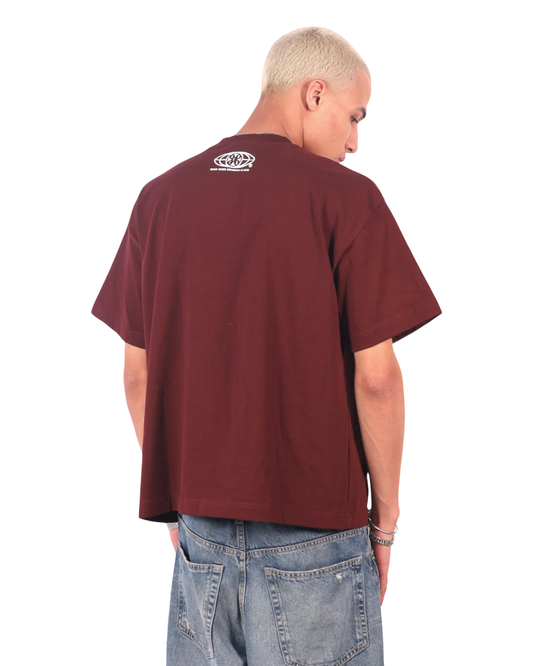 Anetos S26 burgundy cotton t-shirt with a graphic print on the back.