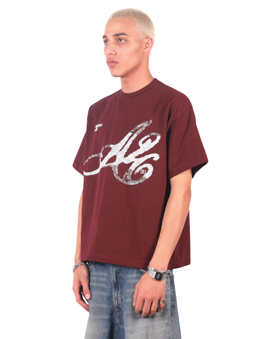 Anetos S26 burgundy cotton t-shirt with a white graphic print on the chest and a crew neck.