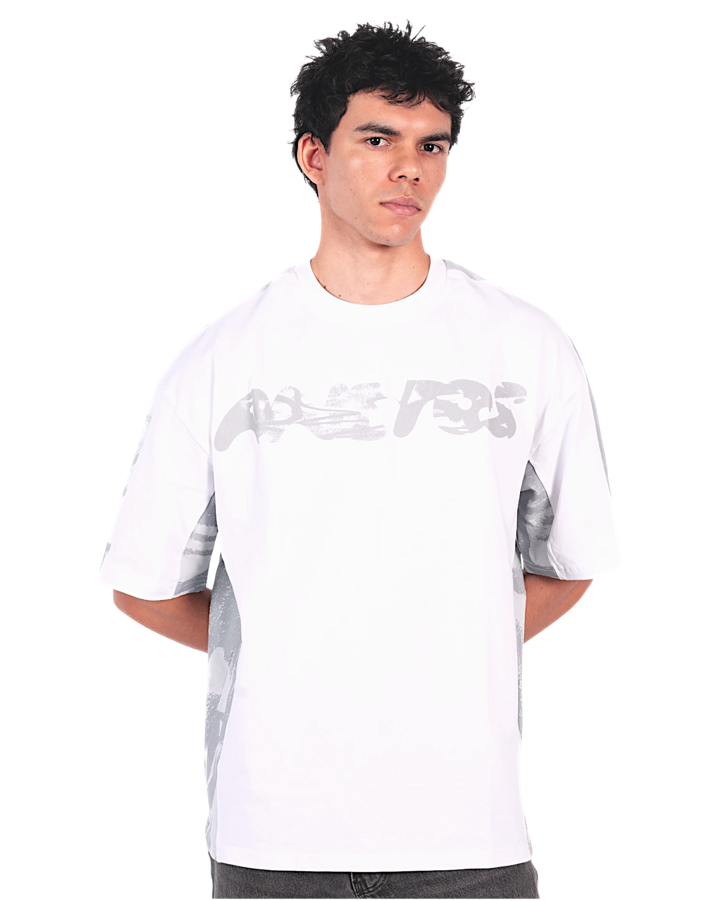 Anetos white split panel tee with grey abstract graphic print on chest and sleeves. Crew neck, short sleeves.