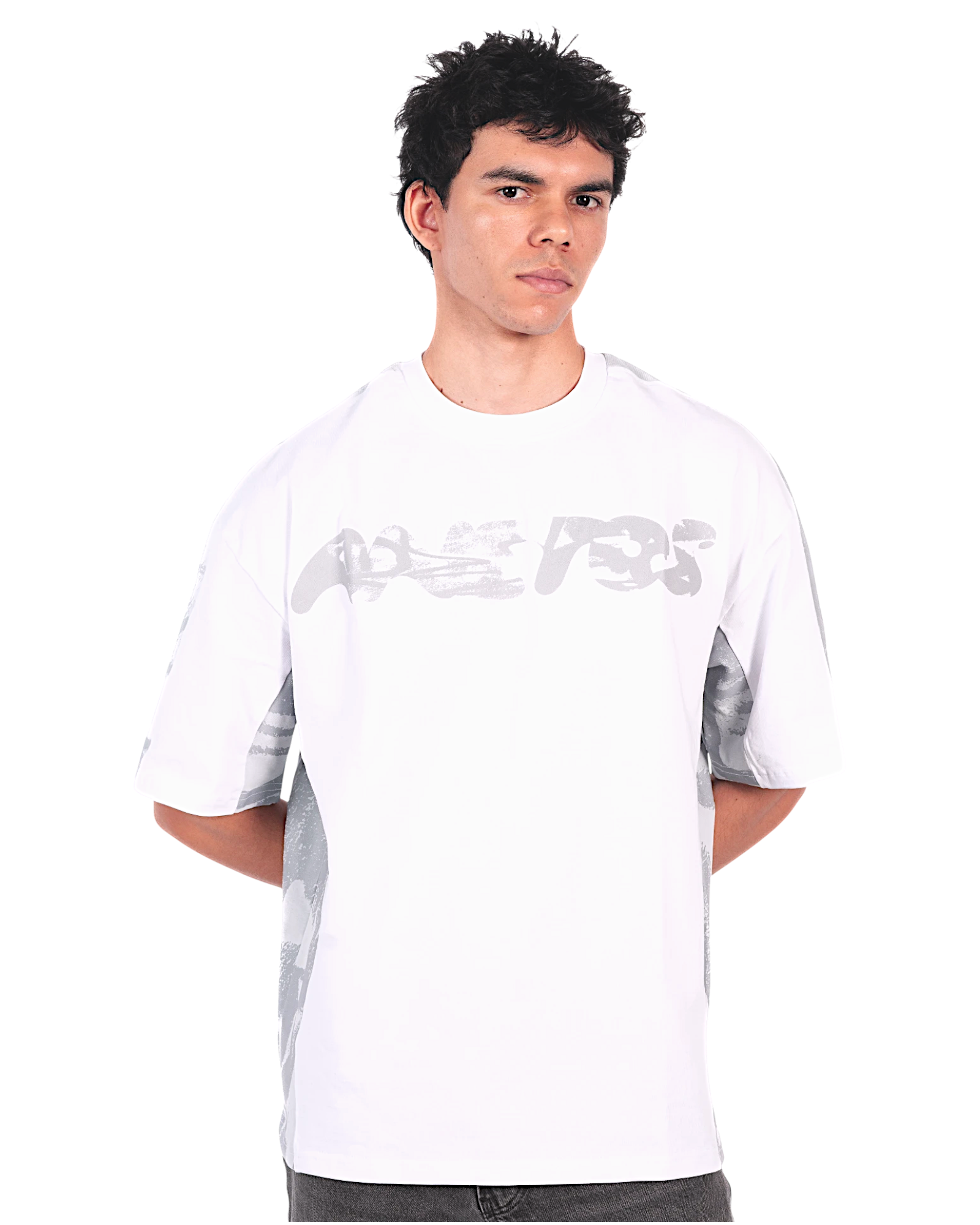 Anetos white split panel tee with grey abstract graphic print on chest and sleeves. Crew neck, short sleeves.