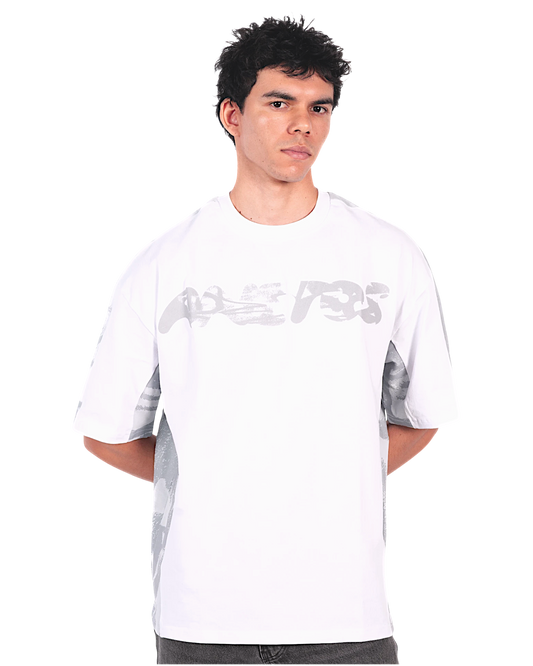 Anetos white split panel tee with grey abstract graphic print on chest and sleeves. Crew neck, short sleeves.