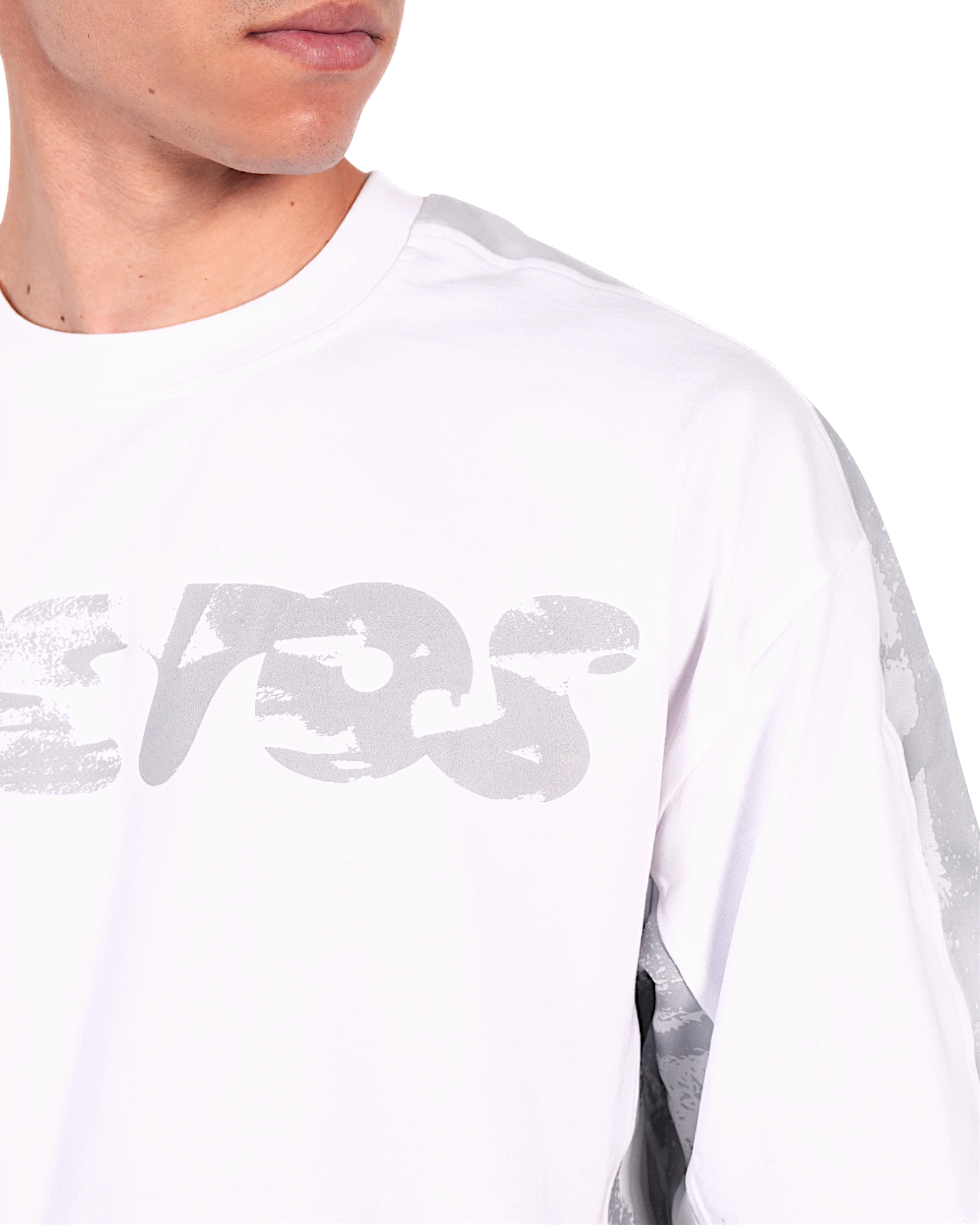 Anetos white t-shirt with grey split panel design and distressed logo graphic on chest.