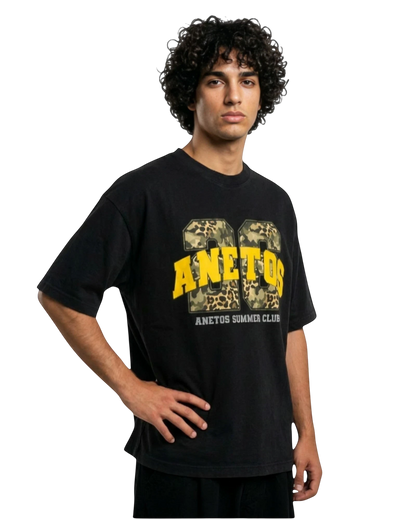 Anetos Summer Club black cotton tee with yellow and camouflage print.