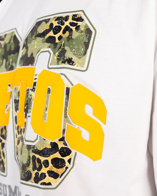 Anetos white cotton t-shirt with yellow lettering and camouflage/leopard print details.