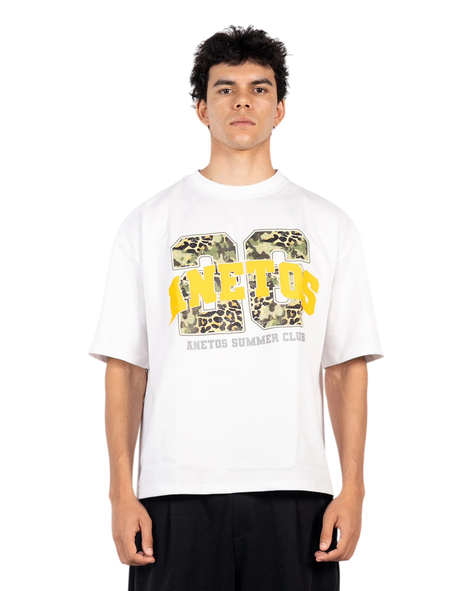Anetos white cotton t-shirt with camouflage and leopard print graphic and yellow text.