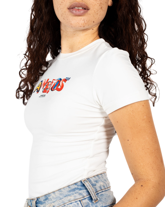 Anetos white short-sleeve t-shirt with a red, blue, and yellow logo on the chest. Made from lightweight fabric.