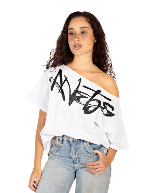 Anetos white 100% Egyptian cotton off-shoulder dress with black signature graphic print and oversized fit.