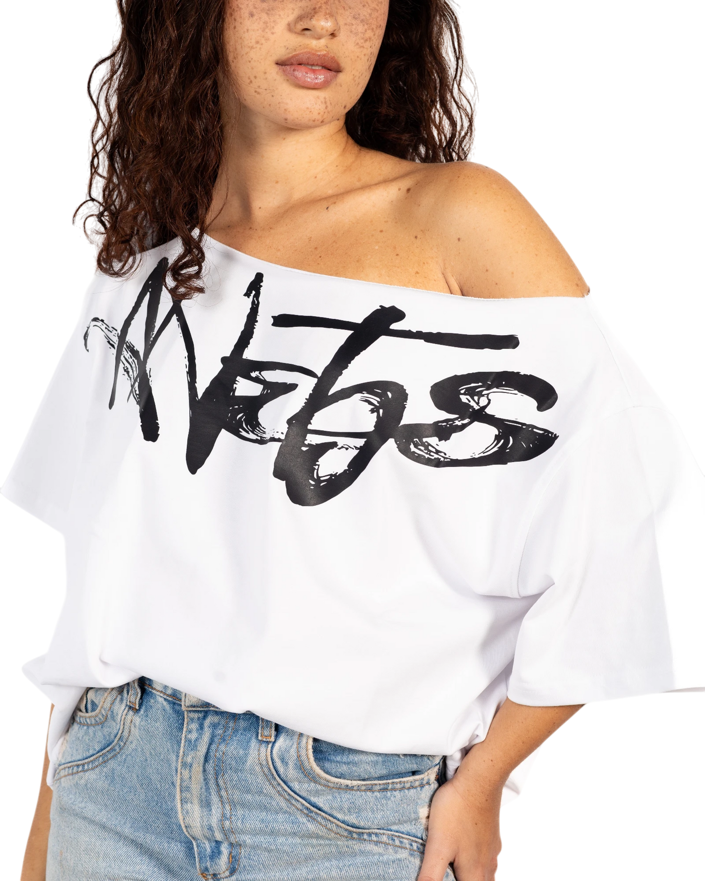 Anetos white 100% Egyptian cotton off-shoulder dress with black signature logo print. Oversized fit.