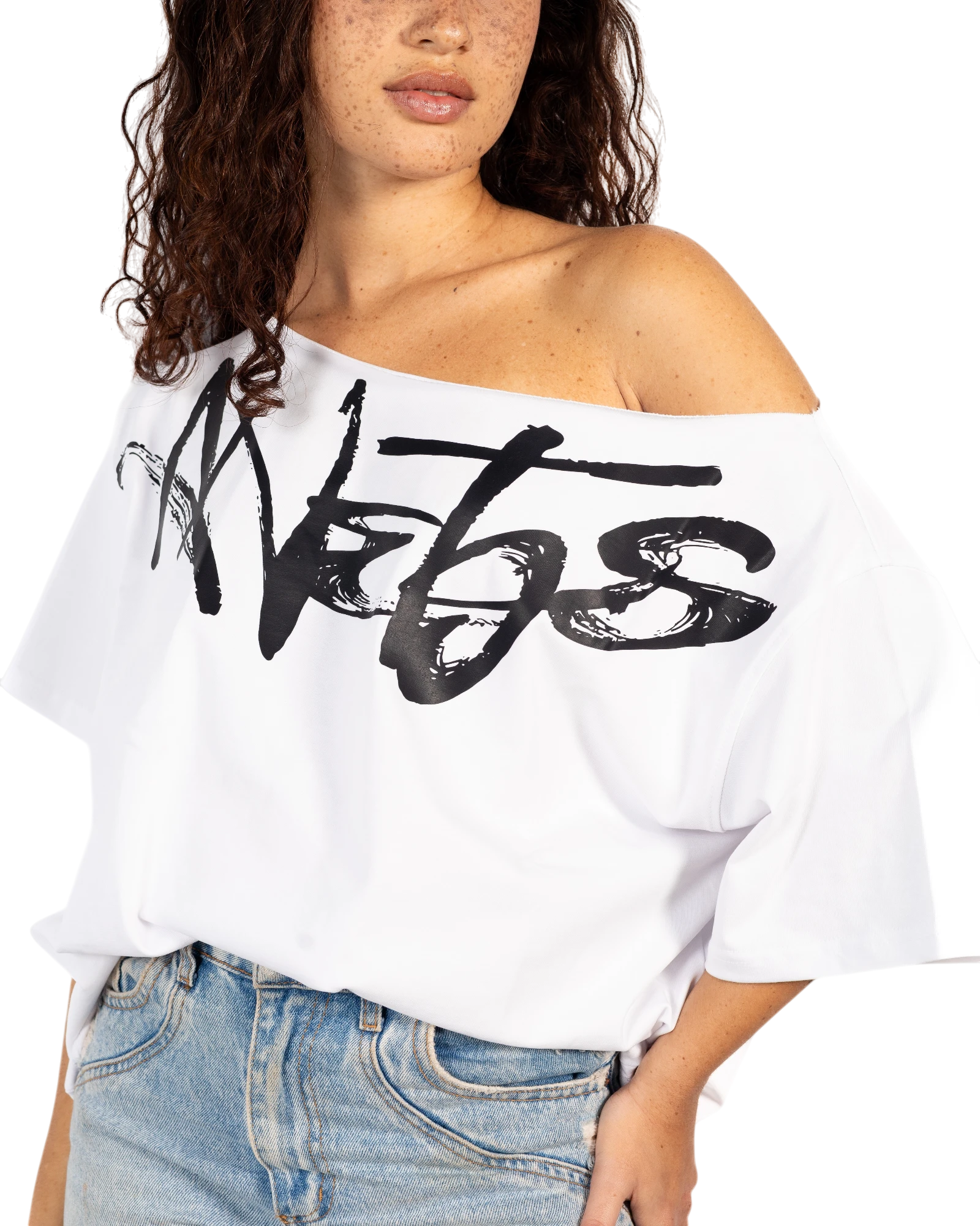 Anetos white 100% Egyptian cotton off-shoulder dress with black signature logo print. Oversized fit.