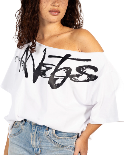 Anetos white 100% Egyptian cotton off-shoulder dress with black signature logo print. Oversized fit.